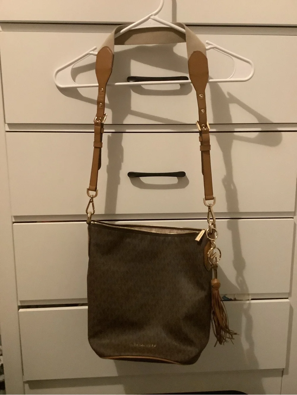 Michael Kors Brown Logo Crossbody with Tan Strap and Tassel
